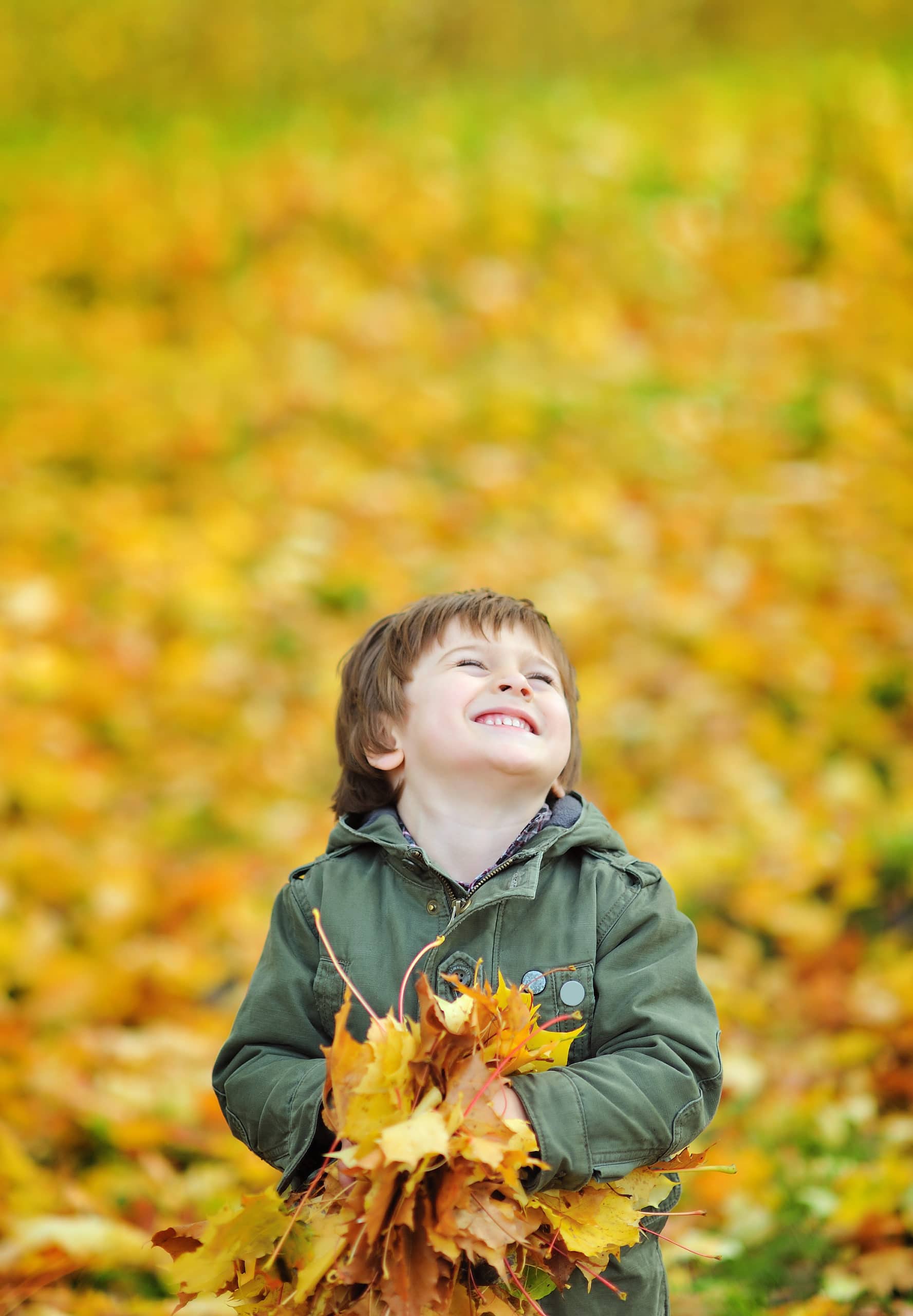 A boy smiling whilst holding leaves outside