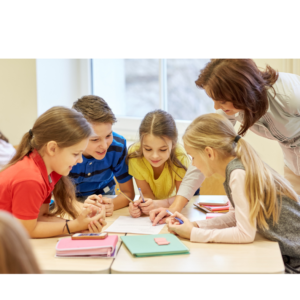 Teacher working with a group of primary school children